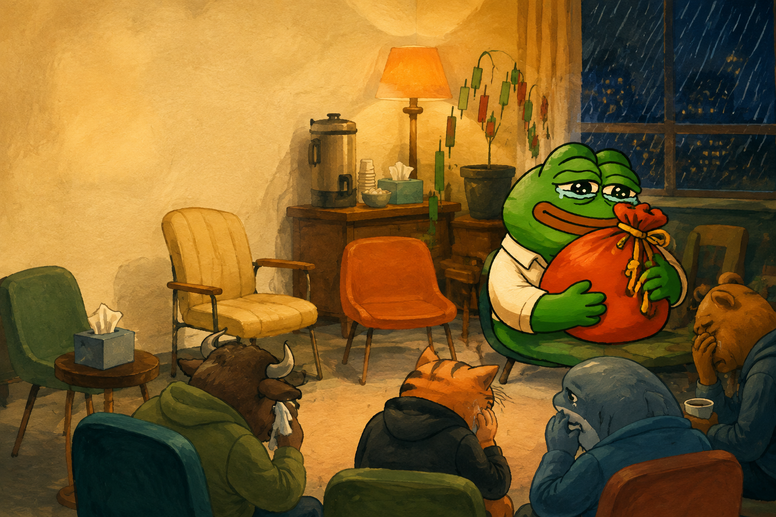 A frog hugging its bag at the adoption shelter